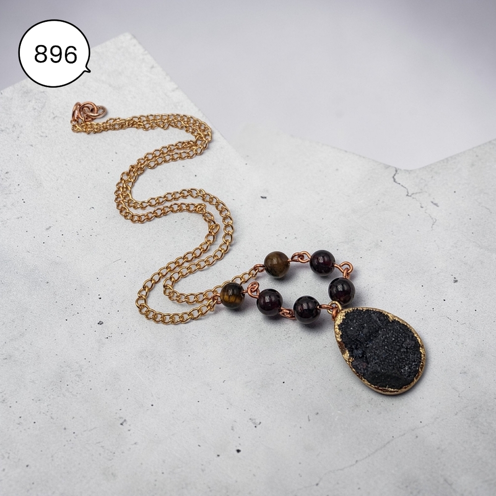 Handmade Gold-Tone Chain Necklace with Black Druzy Teardrop & Brown Beads